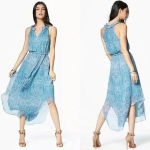 NWT Ramy Brook Paisley Jolie Dress Size Large Blue Midi Belted Sleeveless V Neck